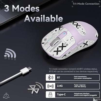 ATTACK SHARK X3 49g Ultra-Lightweight Wireless Gaming Mouse, Purple&Tape | Bluetooth 5.2/2.4G Wireless/Wired, PAW3395 Gaming Sensor, 26K DPI, 200h Battery Life, Programmable Buttons for PC/Mac/Win - color: Lavender & Griptape