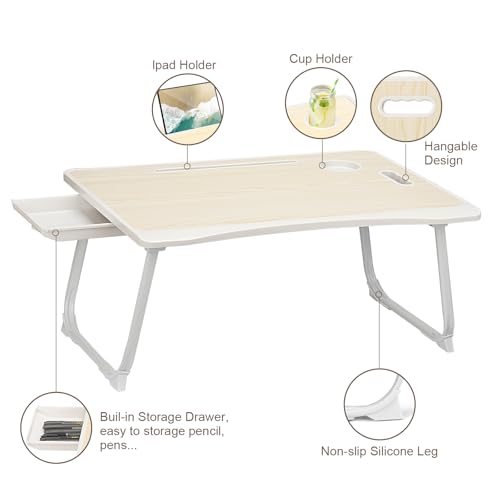 Amaredom Laptop Bed Desk Tray Bed Table, Foldable Portable Lap Desk Notebook Stand Reading Holder with Storage Drawer and Cup Holder for Eating Breakfast on Bed/Couch/Sofa-White Maple - color: White Maple