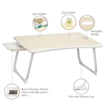 Amaredom Laptop Bed Desk Tray Bed Table, Foldable Portable Lap Desk Notebook Stand Reading Holder with Storage Drawer and Cup Holder for Eating Breakfast on Bed/Couch/Sofa-White Maple - color: White Maple