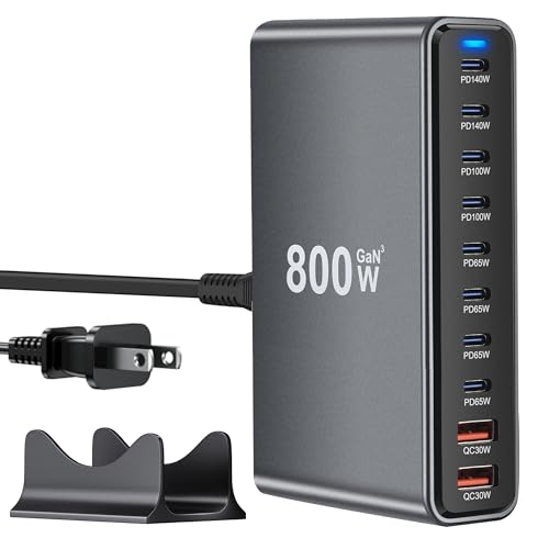 USB C Charger Block 800W GaN USB C Charging Station, 10-Port Fast Charger Hub with Multiple Power Outputs, Compatible with Laptop, MacBook, iPad, iPhone 1716/15/14/13/Pro Max, Samsung Galaxy S24 S23