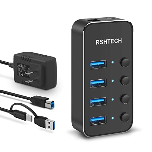 RSHTECH 4 Port Powered USB 3.0/USB C Hub Upgraded Version with 2-in-1 3.3ft USB Cable,5V Power Adapter and Individual Switches, Portable Aluminum USB Splitter for Laptop and PC, RSH-ST04 - size: 4-Port USB 3.0/USB C Hub