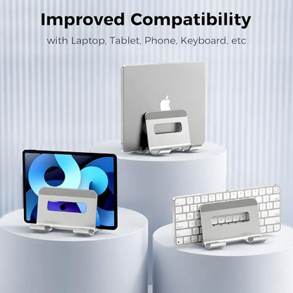 Aluminum Vertical Laptop Stand for Desk, Auto-Locking Adjustable Dock Holder with Dual Slots for Tablet & Phone, Space-Saving Upright Organizer Fits MacBook Pro/Air, Dell, HP, Chromebook (Silver)
