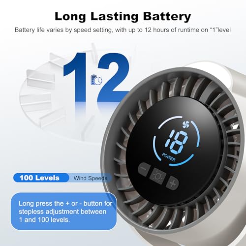 Clip On Rechargeable Fan with LED Light 100 Speed (Need Long Press), 720° Adjustment, Small Protable Desk Fan Quiet Clamp Base 12H Battery, 7 Blades for Dorm Bedroom Travel Camping - color: white