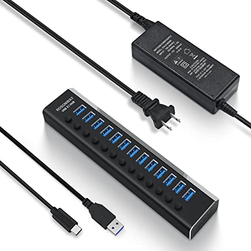 Rosonway 13 Port Powered USB 3.2 Hub 10Gbps with 72W (12V/6A) Power Adapter and Individual Switches, Type A and Type C Cables, Aluminum USB Port Hub Expander for PC and Laptop, RSH-A13 - size: 13 Ports USB 3.1 hub