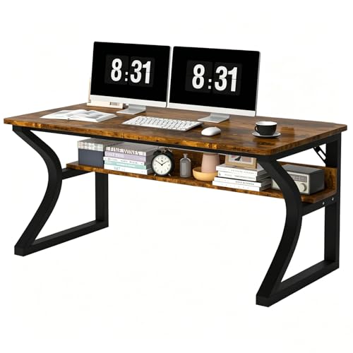 47'' Computer Desk Home Office Desk, Modern Computer Desk w/U Shaped Metal Frame, Storage Shelves, PC Table Study Writing Desk Workstation for Home Office (47inch/Brown) - size: 47inch/Brown
