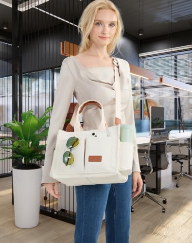 Canvas Tote Bag for Women,Women's Bags Crossbody Bags Work Laptop Tote Bag Large Handbags Purse for Travel Nurse Teacher - color: New Upgrade White With Compartments and Side Cup Holders