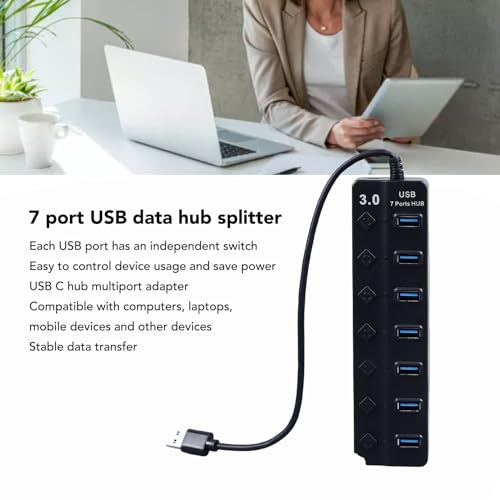 Powered USB 3.0 /USB C Hub, Multi Port Splitter, ABS 7-Port USB Hub Splitter Adapter Individual On/Off Switches and for Laptop PC Mobile Devices