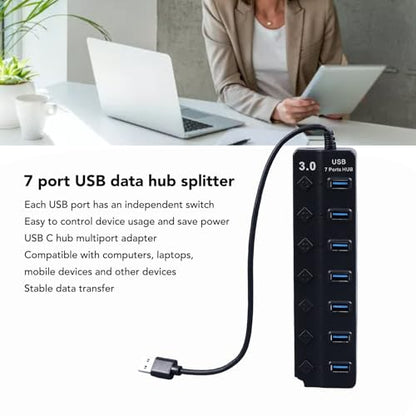 Powered USB 3.0 /USB C Hub, Multi Port Splitter, ABS 7-Port USB Hub Splitter Adapter Individual On/Off Switches and for Laptop PC Mobile Devices