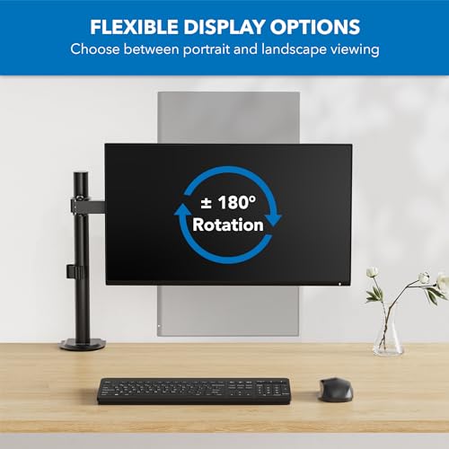 Mount-It! Single Monitor Arm Desk Stand, 19-32" Screens | Full motion height-adjustable tilt arm, VESA 75/100 compatible, C-clamp and grommet base.