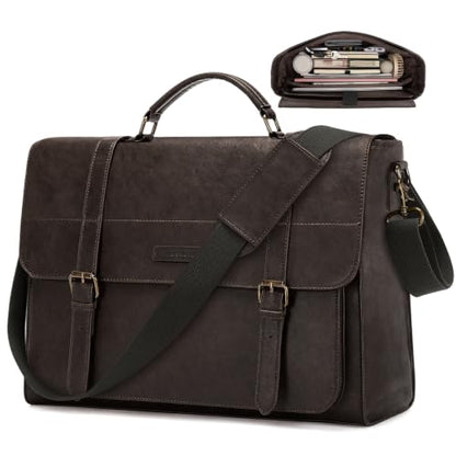 RAINSMORE Messenger Bag for Men 17” PU Laptop Flap Retro Briefcase Waterproof Satchel Bag for Office Business Travel College - color: Coffee