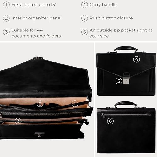 Time Resistance Leather Briefcase for Men - Business Laptop Bag - Italian Handmade Leather Bag - Attache - Gift Box Included - color: Black