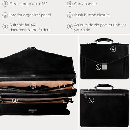 Time Resistance Leather Briefcase for Men - Business Laptop Bag - Italian Handmade Leather Bag - Attache - Gift Box Included - color: Black