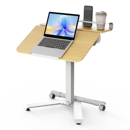 ROMOON Rolling Standing Desk with Wheels, Portable 24 inch Sit-Stand Laptop Cart with Tilt Top and Storage, Mobile Compact Workstation for Home Office and Small Spaces (Natural Oak) - color: Natural Oak