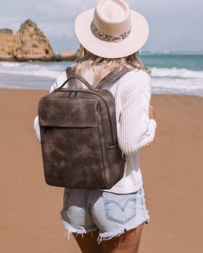 MASINTOR 15.6 inch PU Leather Laptop Backpack Purse for Women | College Laptop Backpack, Spacious Main Compartment, Luggage Strap & Padded Sleeve, Ideal for Campus, Commute & Travel - color: Retro Coffee
