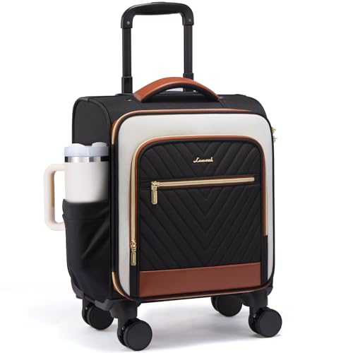 LOVEVOOK Underseat Carry On Luggage Airline Approved, 14 Inch Softside Suitcases with Wheels, Lightweight Spinner Carry on Suitcase with TSA Lock Weekender - color: Black/White/Brown, size: 14 inch-underseat-1pc