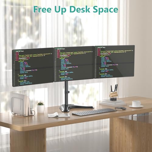 WALI Freestanding Triple Monitor Stand for 13-27 inch Screens，22lbs per Arm | Articulating 3 Monitor Desk Mount, Full Motion with Tilt, Swivel, Rotation, C-Clamp & Grommet Base, VESA 75/100mm (MF003N) - size: Triple, style: Steel Free Stand