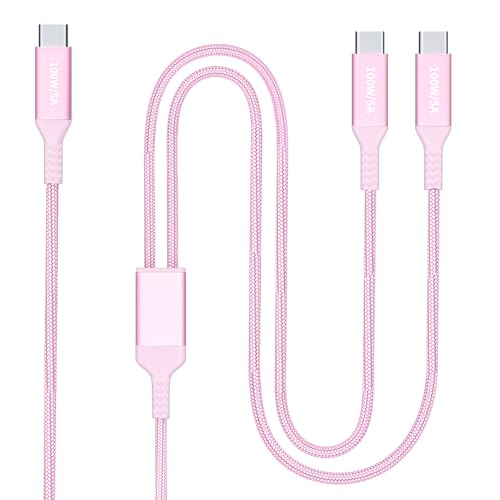 100W 2-in-1 USB-C Cable 4FT Pink, Dual USB C 5A Fast Charging, Splitter Multi USB Type C Charge for MacBook Air, iPhone 15 Plus/Pro Max, iPad Pro, Samsung Galaxy S24 S23, Tab S9, Lenovo, Dell Laptop - color: Pink