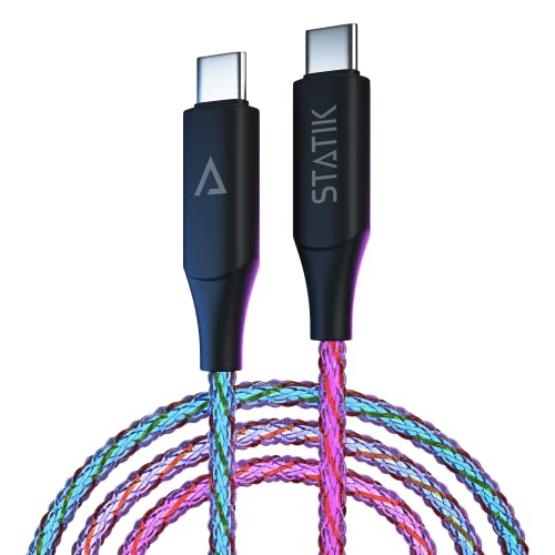 Statik Light Up Charger Cable - GloBright Braided LED Charging Cable, Glowing Super Fast Charging 100W Light Up Cable, Data Transfer, Lighted Phone Charger Cord - 6FT/2M, Type USB C to USB C - color: Multicolor LED, size: USB-C to USB-C