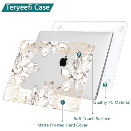 Teryeefi for MacBook Air 13 inch Case M1 2021 2020 2019 2018 Release (A2337 A2179 A1932 Retina Display with Touch ID), Plastic Hard Shell Case & Keyboard Cover & Screen Protector, W-Gold Flower Line - color: W-Gold Flower Line