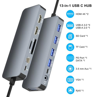 Docking Station for Dell/HP/Lenovo/Surface Laptop, Dual HDMI Adapter for 2 Monitors, 13 in 1 USB C Hub With HDMI/VGA/USB/PD/Ethernet/SD/TF/Audio - style: 13 IN 1