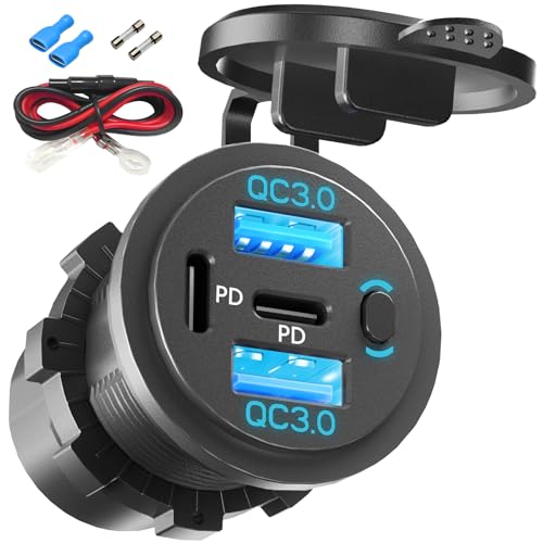 VANONE 12V USB Outlet with On/Off Switch – 4-Port Fast Charging for Car, Boat, RV & Marine Use, Prevents Battery Drain, Built-in Professional Look, Complete DIY Kit for Permanent Installation