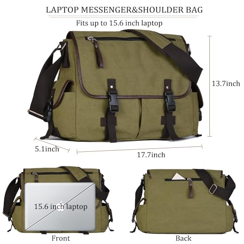 15.6 Inch Laptop Messenger Bag for Men Women, Canvas Computer Shoulder Bag, Work Briefcase for Business College Travel | Anti-theft Design - color: Green
