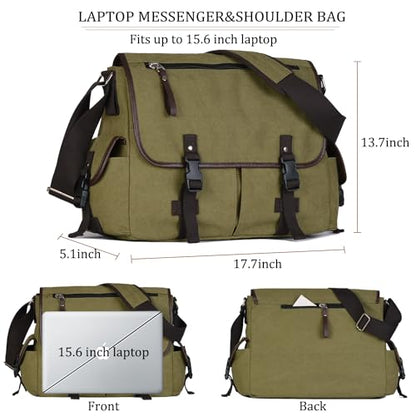 15.6 Inch Laptop Messenger Bag for Men Women, Canvas Computer Shoulder Bag, Work Briefcase for Business College Travel | Anti-theft Design - color: Green