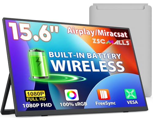 ZSCMALLS Battery Wireless Portable Monitor, 8000mAh 15.6" 1080P IPS USB-C/HDMI Second Screen, Built-in Speakers, Support AirPlay/Miracast for Laptop/Phone/Tablet/Switch/Xbox, Carry Bag Included - size: 15.6"