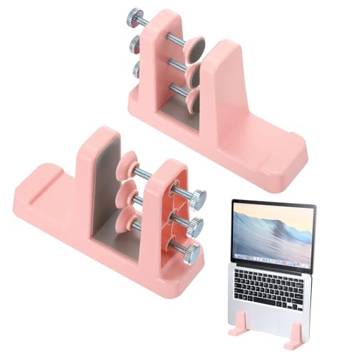 PATIKIL 2-in-1 Vertical Laptop Stand, 4 Pcs Adjustable ABS Notebook Holder Space-Saving Vertical Stand Notebook Dock with Non-Slip Rubber for Home Office Desktop Storage Keyboard, Pink - color: Pink