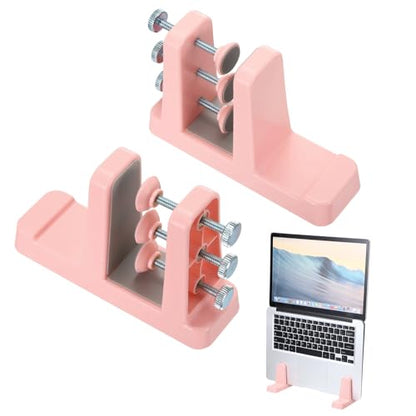 PATIKIL 2-in-1 Vertical Laptop Stand, 4 Pcs Adjustable ABS Notebook Holder Space-Saving Vertical Stand Notebook Dock with Non-Slip Rubber for Home Office Desktop Storage Keyboard, Pink - color: Pink