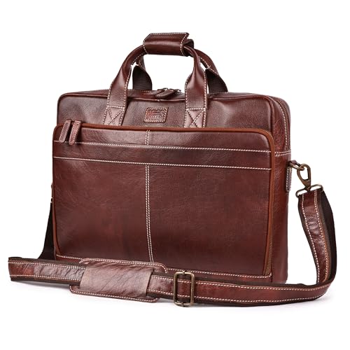 LEATHER VILLAGE 16" Leather Laptop Messenger Briefcase Bag for Men-Leather Satchel for Travel and Office Shoulder Bag-Red Brown - color: Red Brown, size: 16"