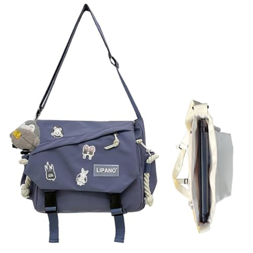 Aesthetic Crossbody Bag with Cute Pins and Ornament, Nylon Shoulder Messenger Bag Japanese Kawaii Bag for Women Men - color: L-blue-fit Laptop