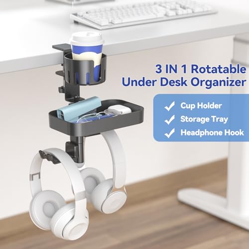 KDD Desk Cup Holder with 2 Headphone Hook - Rotating Pencil Holder & Detachable Drawer Tray - Clamp on Under Desk Headphone Holder Hidden Storage for Office School Home Accessories