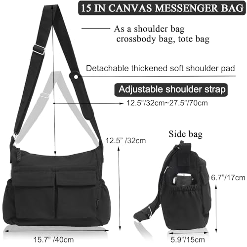 High Density Canvas Messenger Bag for Men/Women, 15” Large Crossbody Shoulder Bag Tote Bag for College/Travel/Work Daily Use | High Density Canvas - color: Black