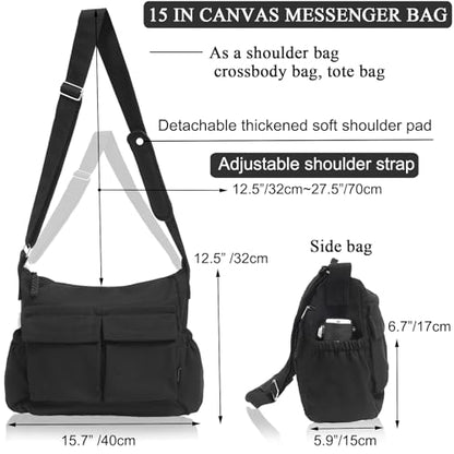 High Density Canvas Messenger Bag for Men/Women, 15” Large Crossbody Shoulder Bag Tote Bag for College/Travel/Work Daily Use | High Density Canvas - color: Black
