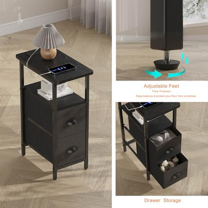 sthmec Narrow End Table with Charging Station, Narrow Side Table with 2 Fabric Drawers, Slim Nightstand, Skinny Bedside Table, Small Side Table for Small Spaces, Living Room, Bedroom, Black - color: Black, size: 7.87'' W x 15.75'' D x 24.37'' H, style: Po