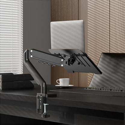 2-in-1 Gas Spring Laptop Desk Mount for 12"-17" Notebook/13"-32" Monitor | Full Motion Adjustable Laptop Desk Stand with Tray, Holds 3.3-17.6lbs, VESA 75/100MM, Clamp-on and Grommet Base