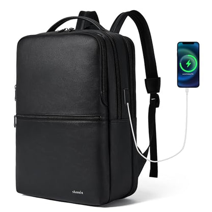 Vegan Leather Laptop Backpack for Women and Men Fits 16 Inch Laptop | Water Resistant,28L Expandable Computer Backpack Purse,USB Charging Port,Travel Work Business College Teacher Nurse - color: Two-toned Black