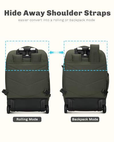 2 in 1 Travel Backpack Set Rolling Backpack with Wheels Carry on Luggage 43L with Personal Item Bag for Men Women 17 inches Laptop Backpack Dark Green - color: Dark Green