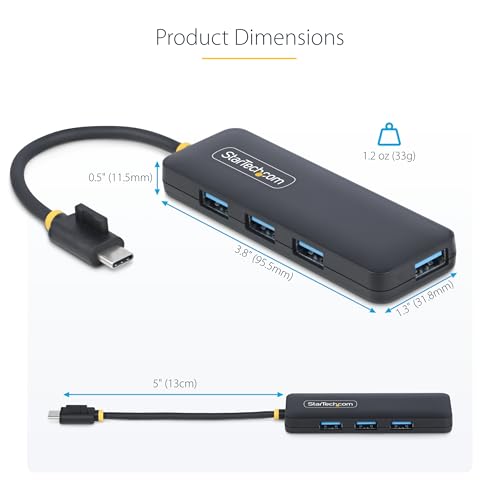StarTech 4-Port USB-C Hub 5Gbps with 4X USB-A, Mini (H5C4A-USB-HUB) | USB Powered USB 3.0 travel mini splitter, Portable, Wake on USB, Overcurrent Protection, 5in 13cm cable, Cable clip - size: 0.4 ft, style: USB-C