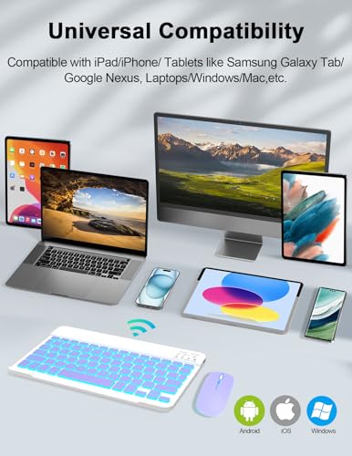 LAMA 7 Colors Backlit Bluetooth Keyboard and Mouse Combo for iPad Pro/Air/Mini, Ultra-Slim Rechargeable Wireless Keyboard and Mouse for iPhone 15/14/13 Pro/Samsung/PC/Laptop/iOS/Windows/Android,PL - color: Purple