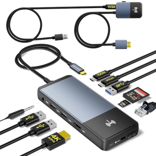 10-in-1 USB C Laptop Docking Station Dual Monitor, 4K Wireless HDMI Transmitter & Receiver, 5Gbps USB-C/A,100W PD, SD/TF, Ethernet, USBC Hub Multiport Adapter Dongle for Mac Dell HP(0.99FT)