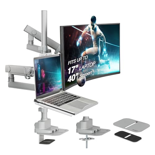 AVLT Laptop & 40 Inch Monitor Arm Pole Top Mount with USB-C&A Ports - Gray | VESA Compatible, Supports 26.4 lbs (12 kg), Ultrawide Screen Fit, Adjustable Height, Tilt Swivel Rotate, Cable Management - color: Gray-Monitor & Laptop Arm