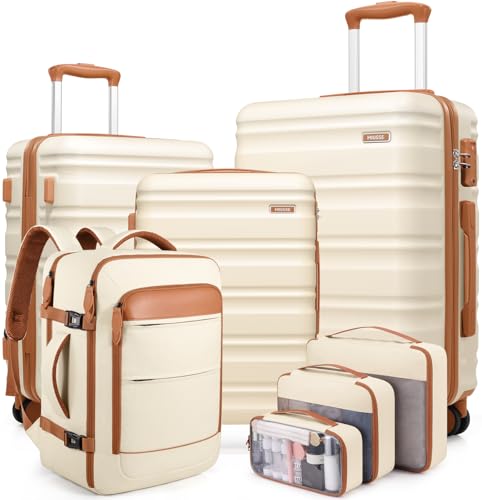 7 Piece Luggage Sets with Premium YKK Zipper, 20/24/28in PC Hardside Suitcase With Spinner Wheels, Luggage Airline Approved, Durable Suitcase Sets with TSA Locks for Travel - color: Off White, size: 7 piece set (20/24/28inch)