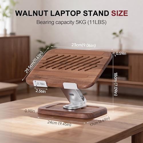 Walnut-Wooden Laptop Stand for Desk, Adjustable Height & Angle with 360° Aluminum Alloy Swivel Base, Wood Laptop Stand Compatible with MacBook Pro, All Laptops 10-17", Brown
