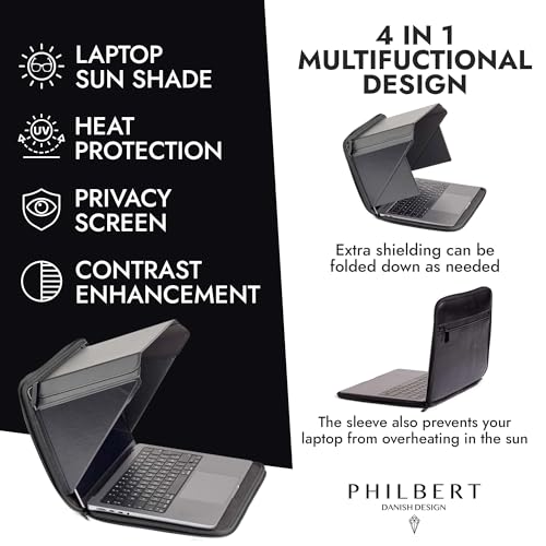 4-in-1 Laptop Screen Shade – Original Pro Sleeve – Built-In 4-in-1 Screen Shade, VeganHemp Leather, Sun, Privacy, Heat & Contrast Protection, Fits 13” MacBook, Patented, Black | PHILBERT Danish Design - color: Black, size: 13in