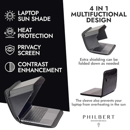 4-in-1 Laptop Screen Shade – Original Pro Sleeve – Built-In 4-in-1 Screen Shade, VeganHemp Leather, Sun, Privacy, Heat & Contrast Protection, Fits 13” MacBook, Patented, Black | PHILBERT Danish Design - color: Black, size: 13in