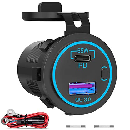 83W Laptop 12V USB Outlet: OUFFUN 65W PD Car Charger and 18W QC3.0 with Power Switch Waterproof for Car RV Boat Marine Motocycle Truck Golf Cart