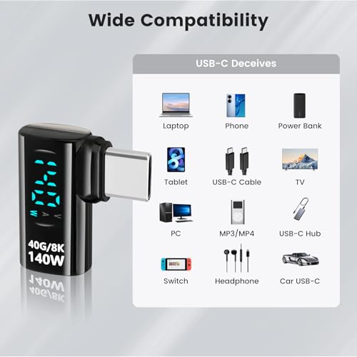 Upgraded USB 4.0 Digital Display USB C Male to Female 40Gbps Adapter (2 Pack), Right Angle PD 3.1 140W Power 8K@60Hz Video Compatible with iPhone 16, MacBook and More USB-C Devices, Black - style: AY-Cm-Cf-dd-bk