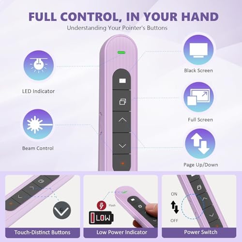 Presentation Clicker for Powerpoint Presentations, Purple, A | Long-Range Wireless Presenter Remote, Magnetic USB Receiver, PowerPoint Clicker Compatible with Windows/Android/macOS/Linux - color: Purple